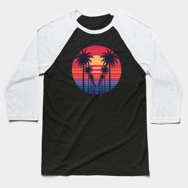 80s Vaporwave Palm Trees Sunset Baseball T-Shirt by Aldrvnd